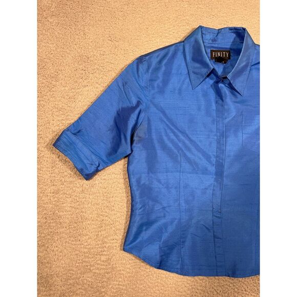 Vintage Finity Blouse 100% Silk Blue Button Up Short Sleeve Collared Size 10‎ - Picture 2 of 7
